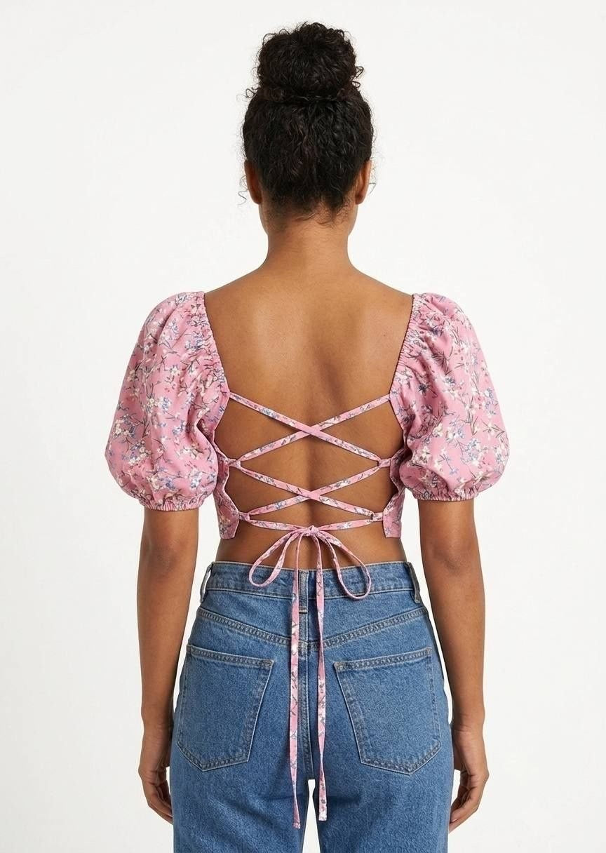 SHEIN Women’s Pink Floral Puff Sleeve Lace-Up Back Crop Top