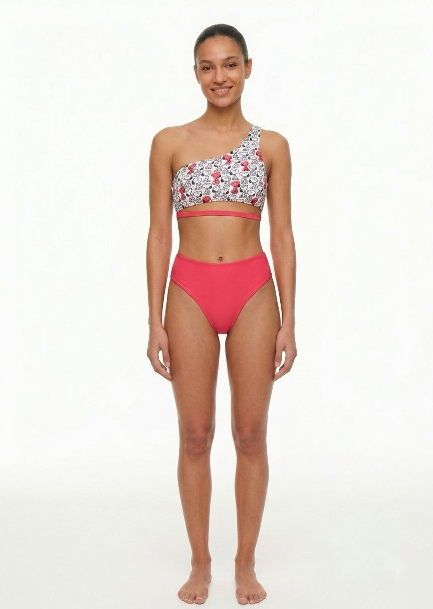 Snoopy Print One-Shoulder Bikini Set - High-Waisted