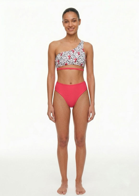 Snoopy Print One-Shoulder Bikini Set - High-Waisted