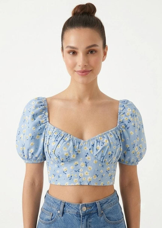 SHEIN Women’s Blue Floral Puff Sleeve Sweetheart Crop Top with Back Tie
