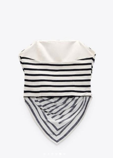 ZARA Women's Black and White Striped Strapless Bandana Top - Asymmetric Hem Tube Top