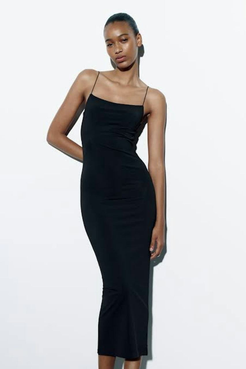 ZARA Women's Black Spaghetti Strap Midi Dress - Minimalist Cami Long Dress