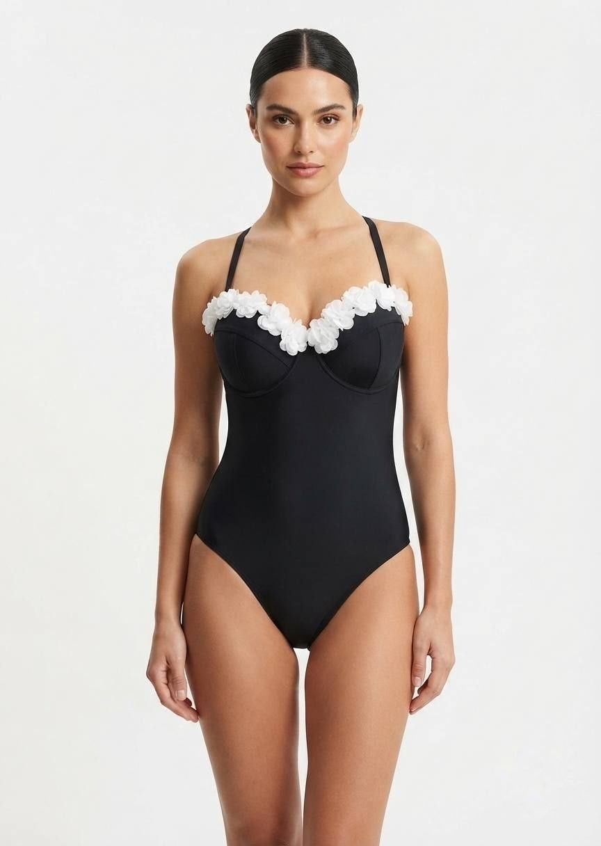 SHEIN Black Floral Trim One-Piece Swimsuit