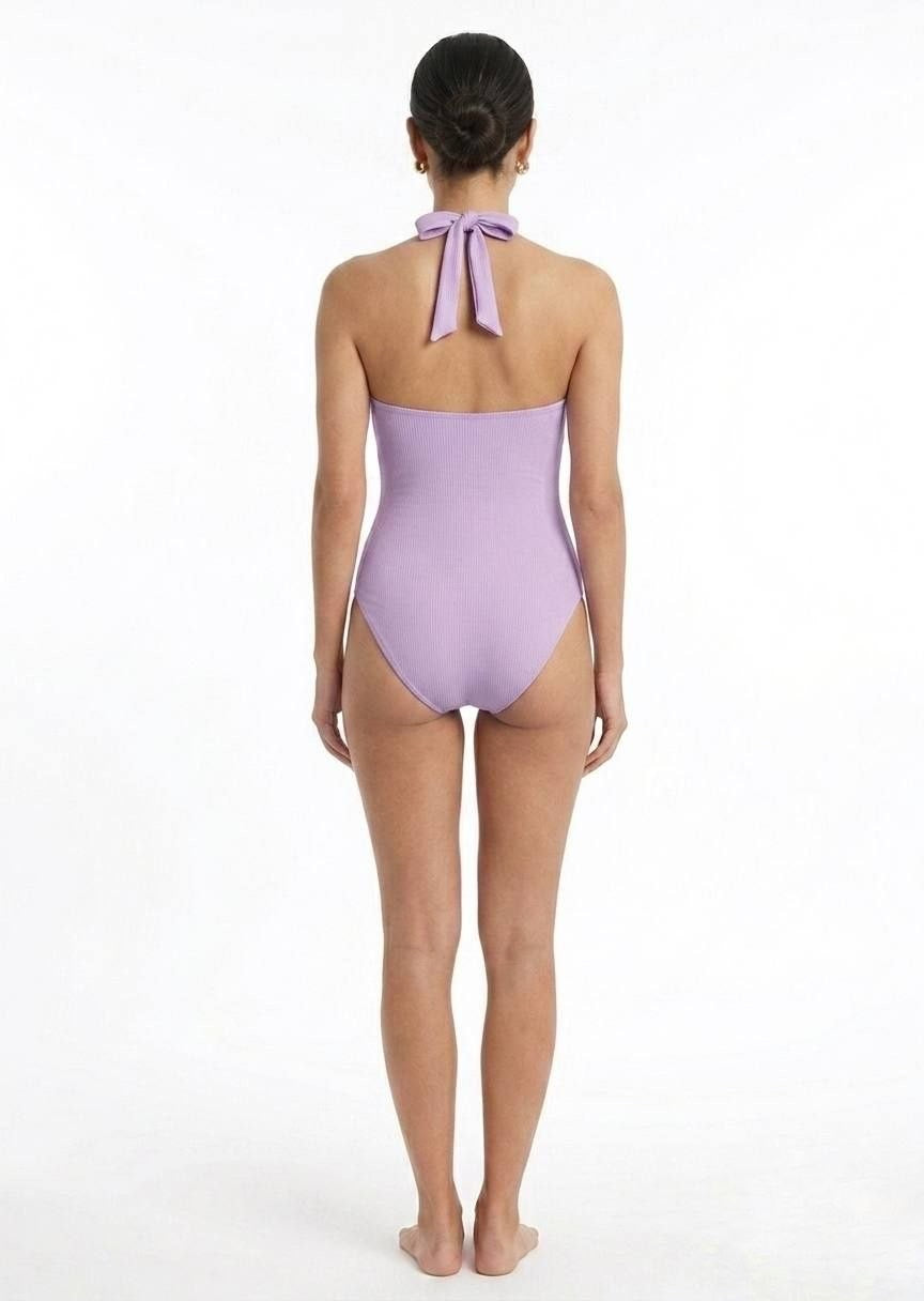 SHEIN Chic Lilac Ribbed Halter Neck One-Piece Swimsuit