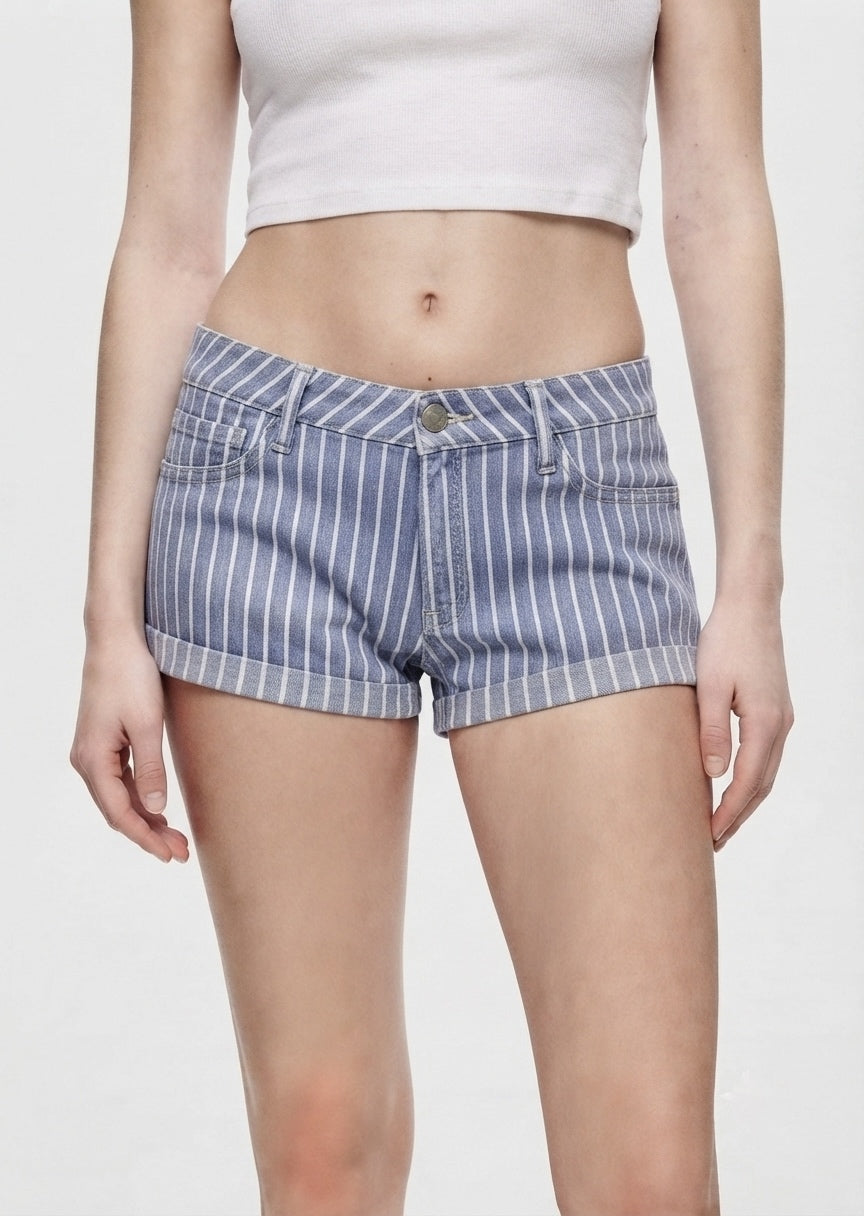 H&M Women's Striped Denim Rolled-Cuff Shorts - Summer Casual