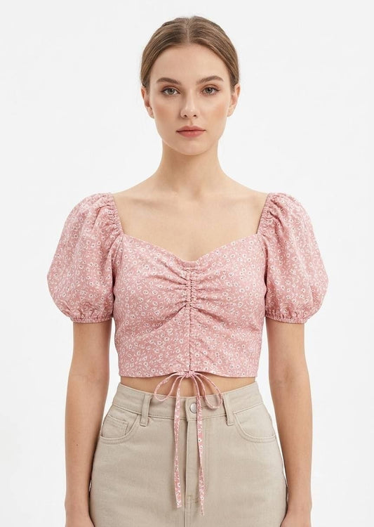 SHEIN Women’s Floral Print Puff Sleeve Ruched Crop Top