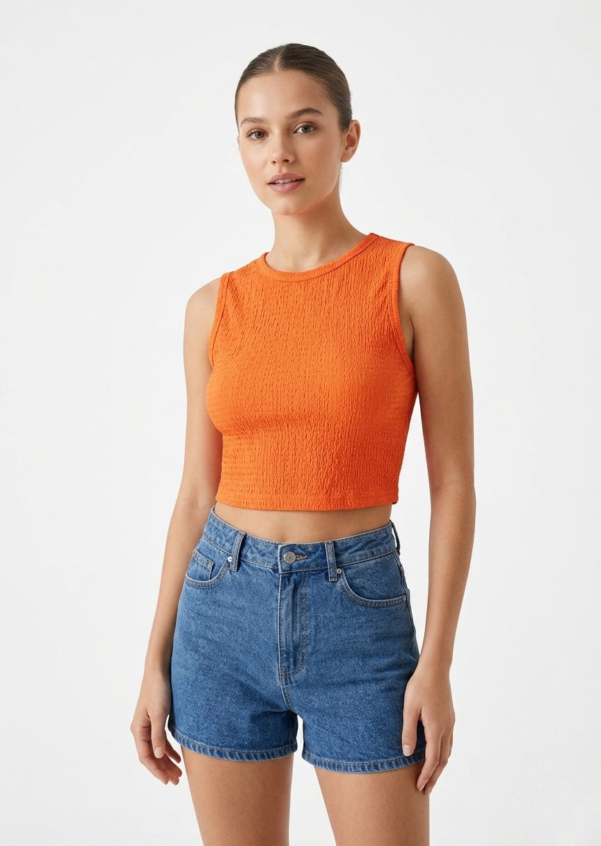 SHEIN Women's Smocked Textured Crew Neck Tank Crop Top - Bright Orange