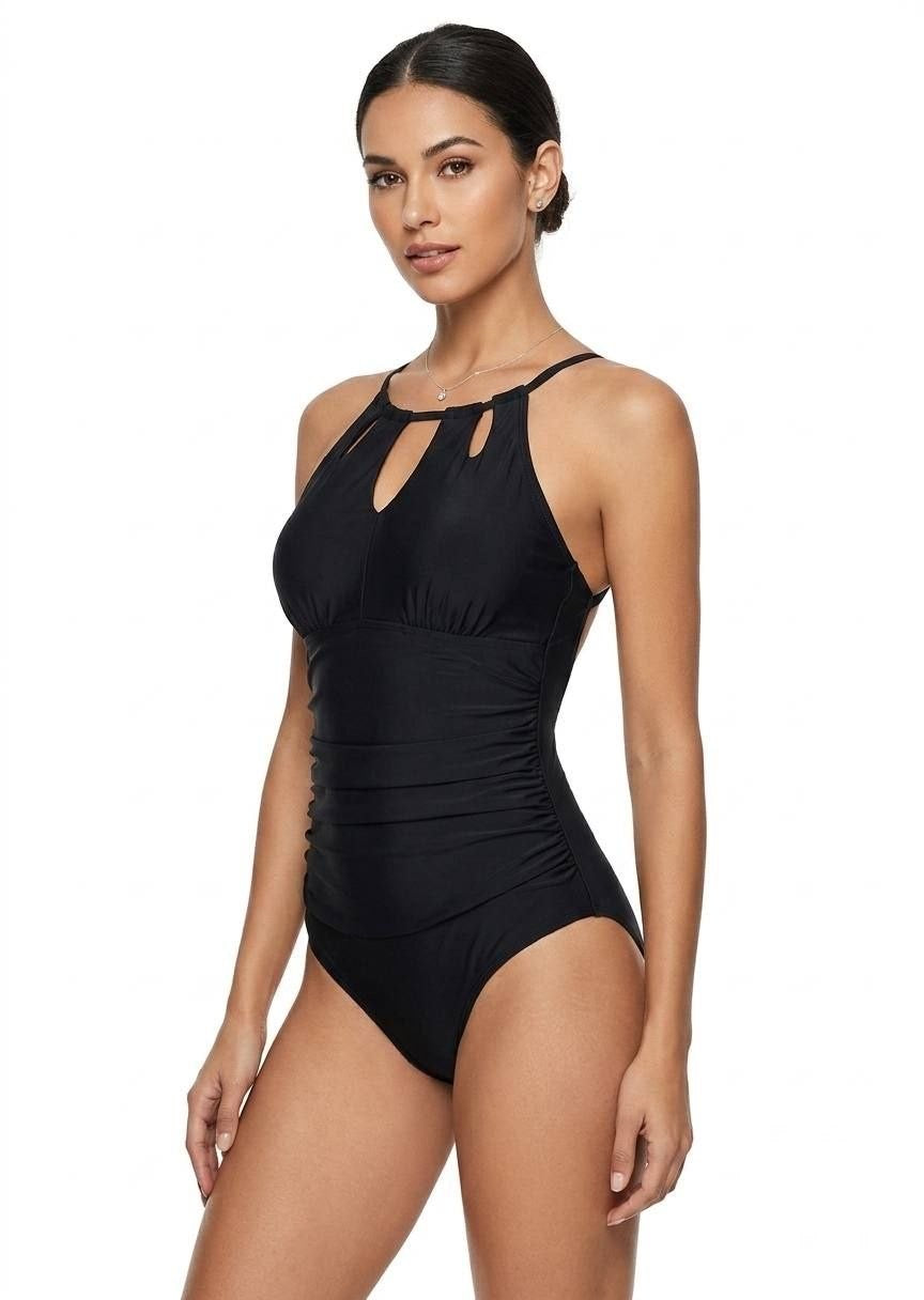 SHEIN Classic Black Ruched Halter One-Piece Swimsuit - Elegant Beachwear