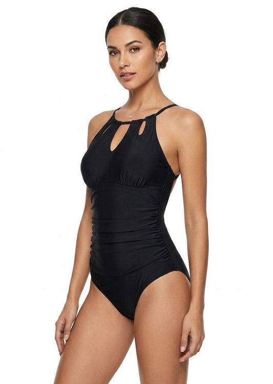 SHEIN Classic Black Ruched Halter One-Piece Swimsuit - Elegant Beachwear