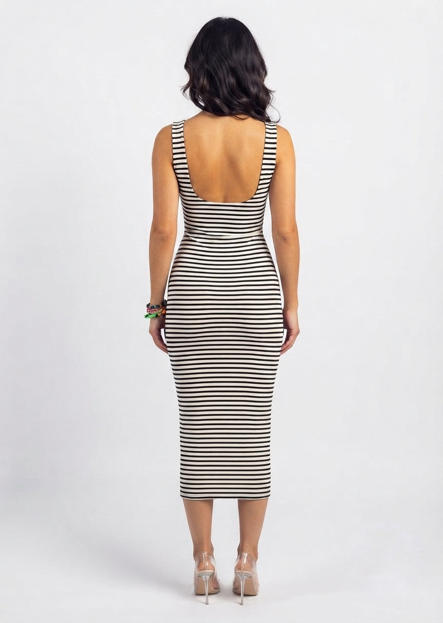 ZARA Women's Black and White Striped Bodycon Midi Dress - Sleeveless Square Neck