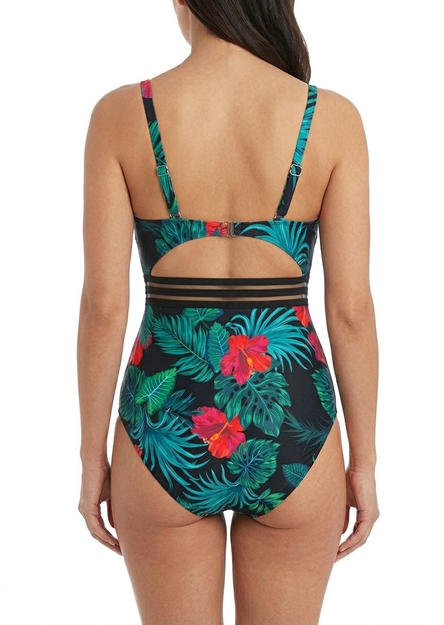 SHEIN Tropical Leaf Print One-Piece Swimsuit with Mesh Insert