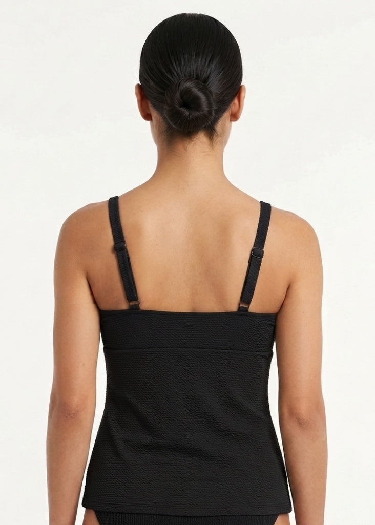 Black Textured Tankini Top with Center Cutout Detail