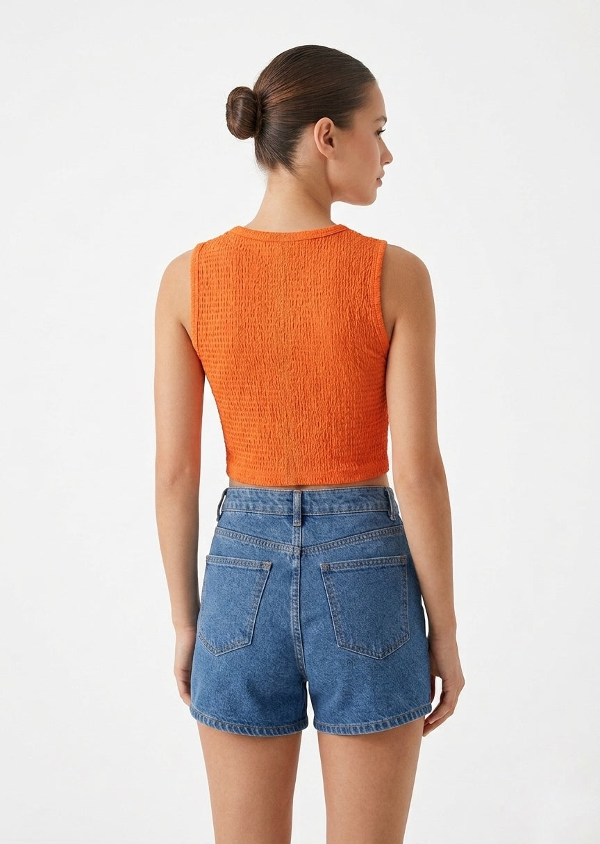 SHEIN Women's Smocked Textured Crew Neck Tank Crop Top - Bright Orange
