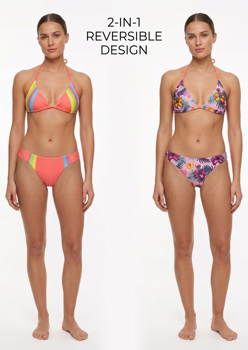 Reversible Floral & Striped Triangle Bikini Set