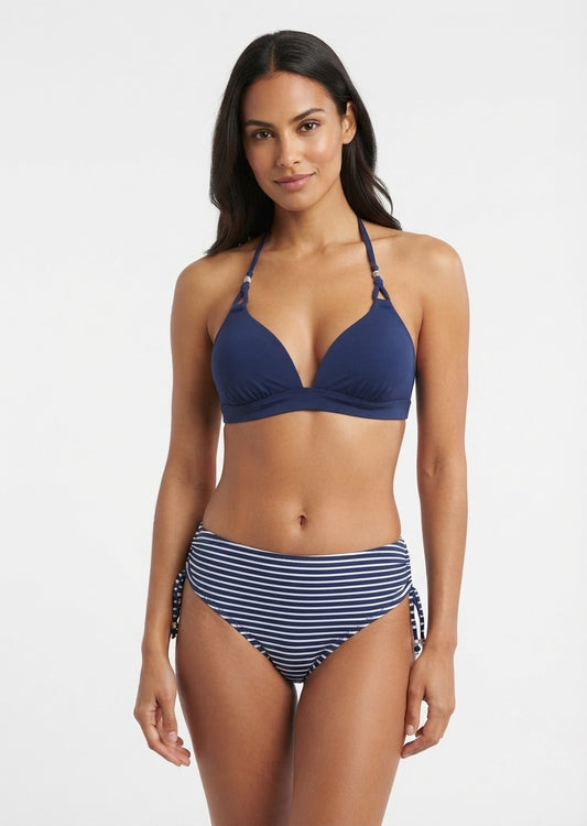 Navy Blue and Striped Tie-Side Bikini Set
