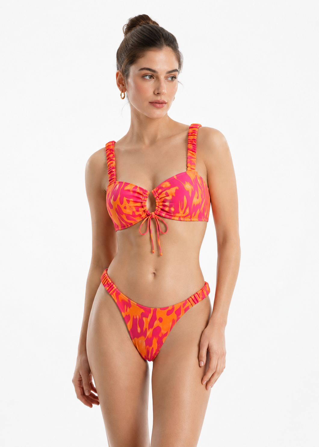 SHEIN Pink and Orange Abstract Ruched Bikini Set