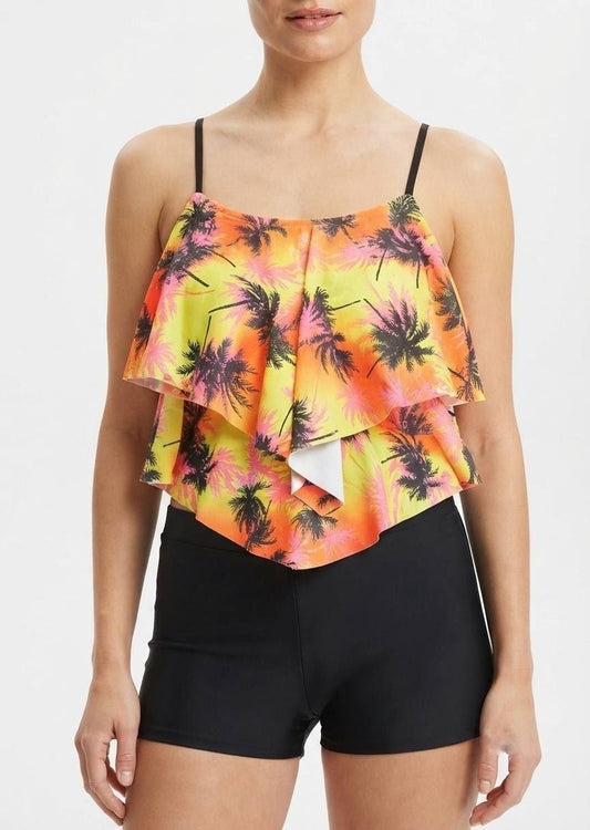 SHEIN Sunset Palm Print Ruffle Tankini with Swim Shorts