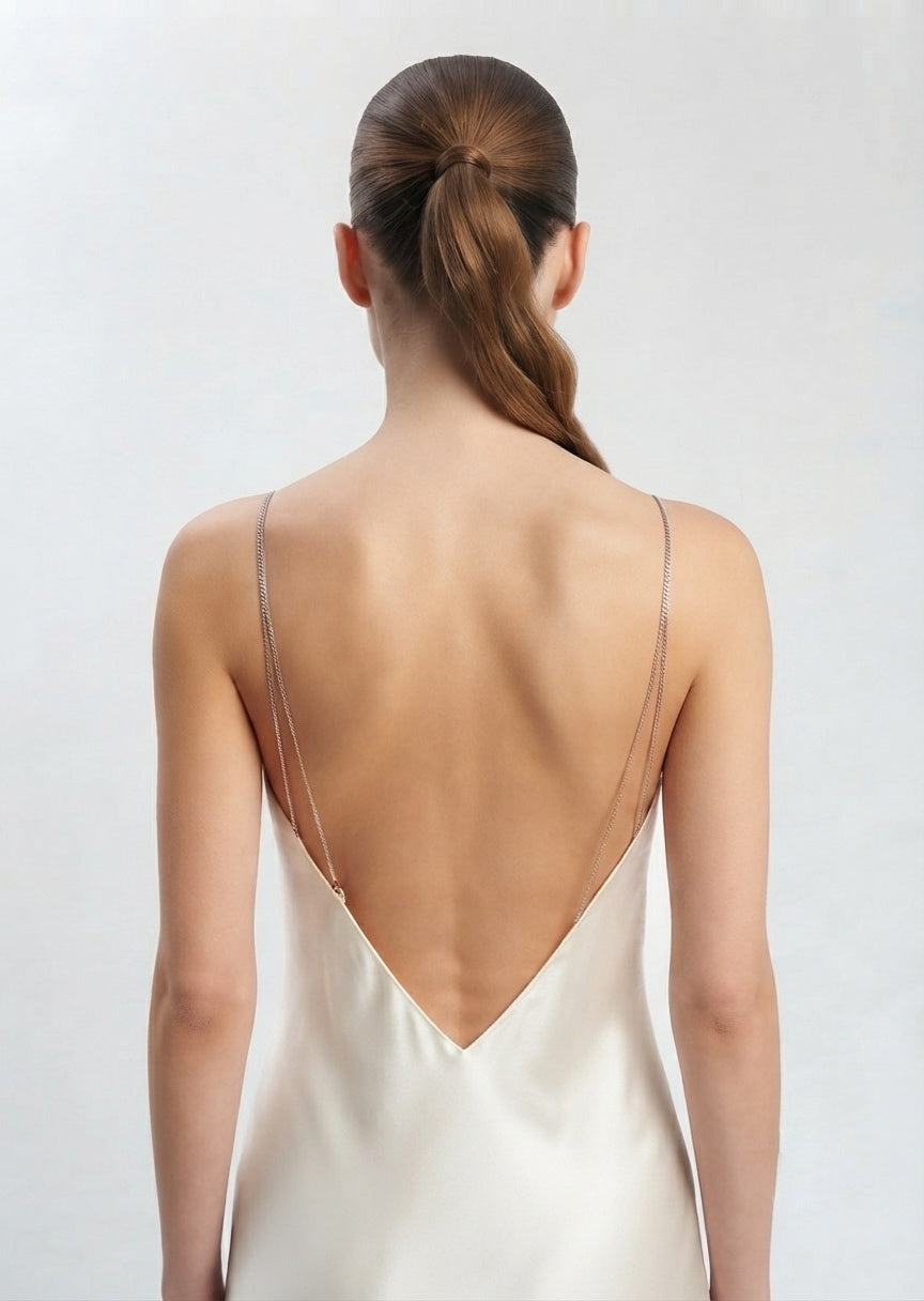 ZARA Champagne Satin Backless Maxi Dress with Rhinestone Straps