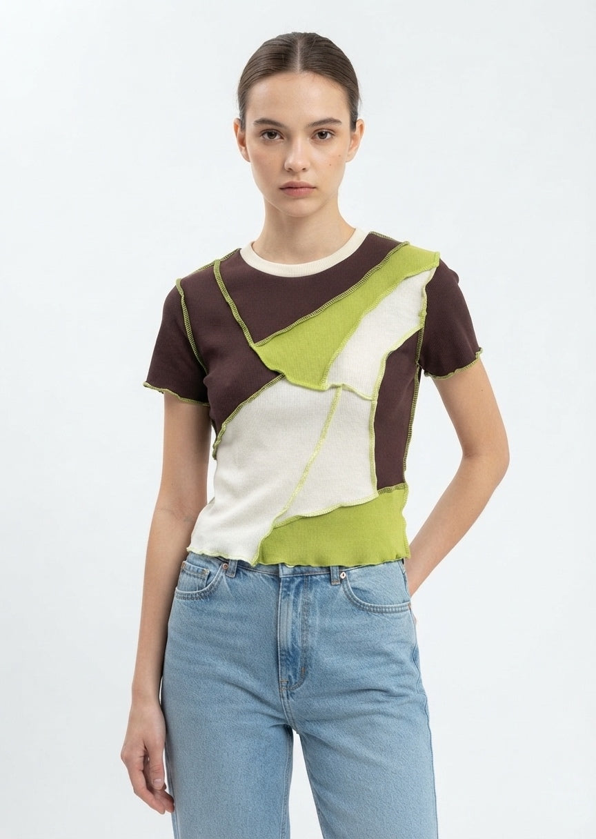 SHEIN Women's Colorblock Patchwork T-Shirt with Lettuce Trim - Brown & Lime Green