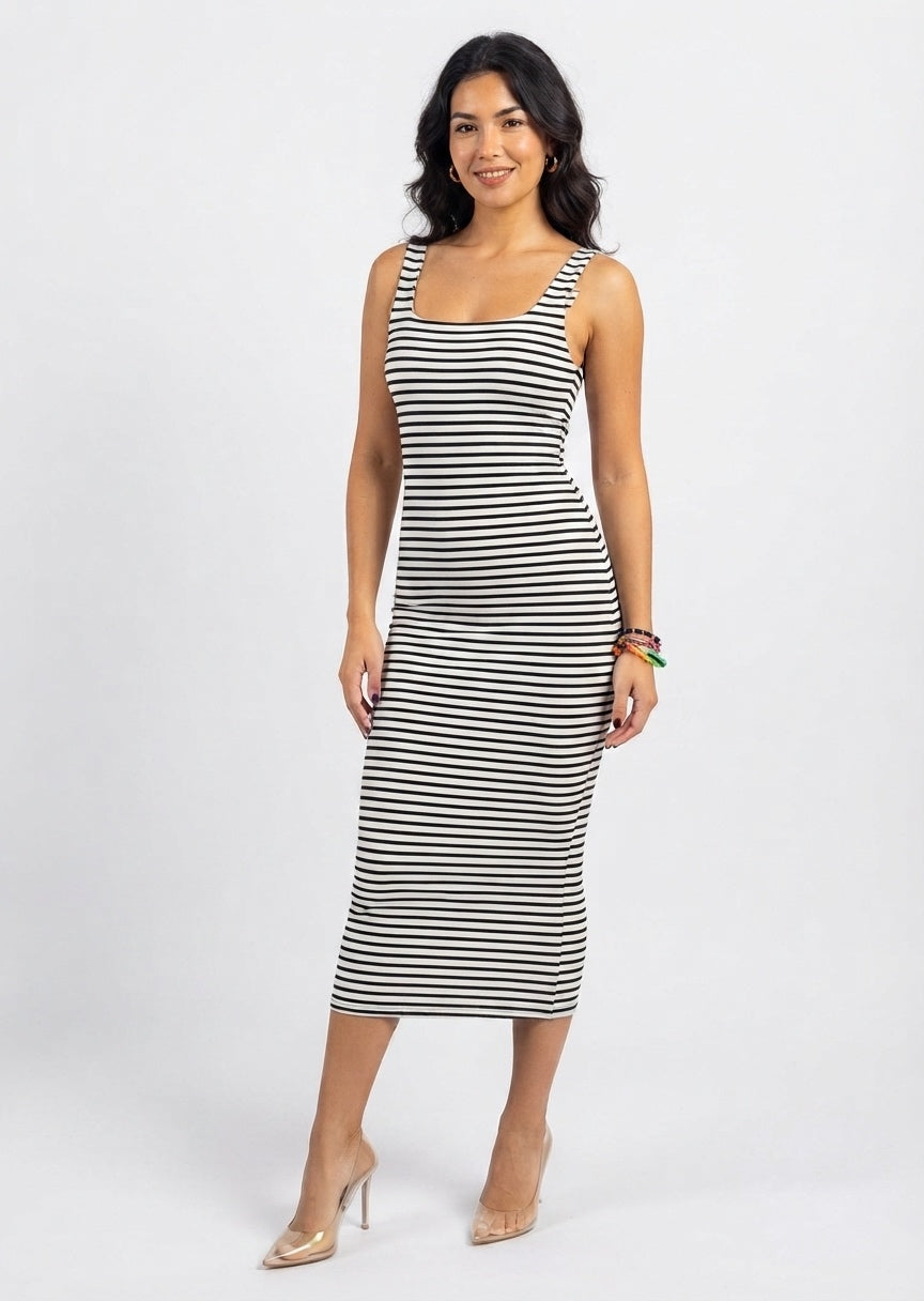 ZARA Women's Black and White Striped Bodycon Midi Dress - Sleeveless Square Neck