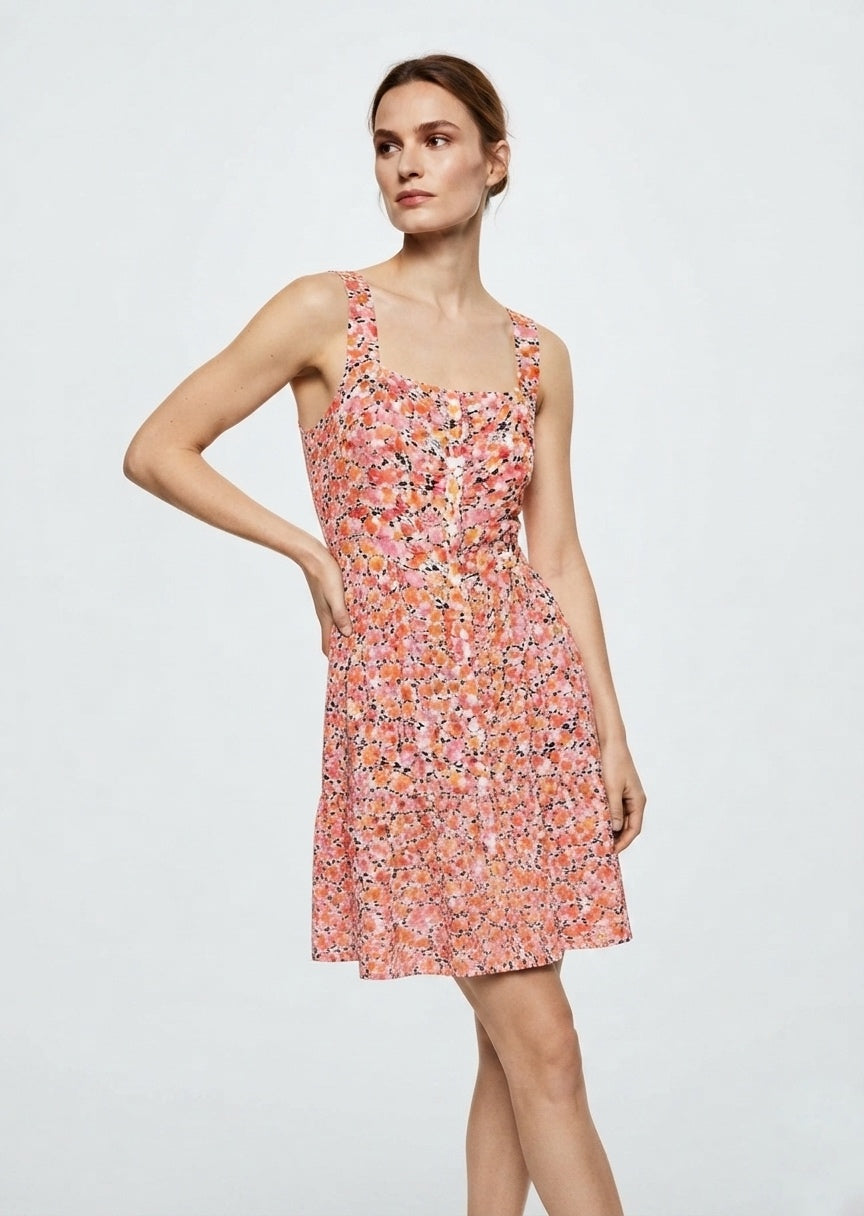 SHEIN Women's Floral Print Smocked Back Mini Dress - Pink & Orange