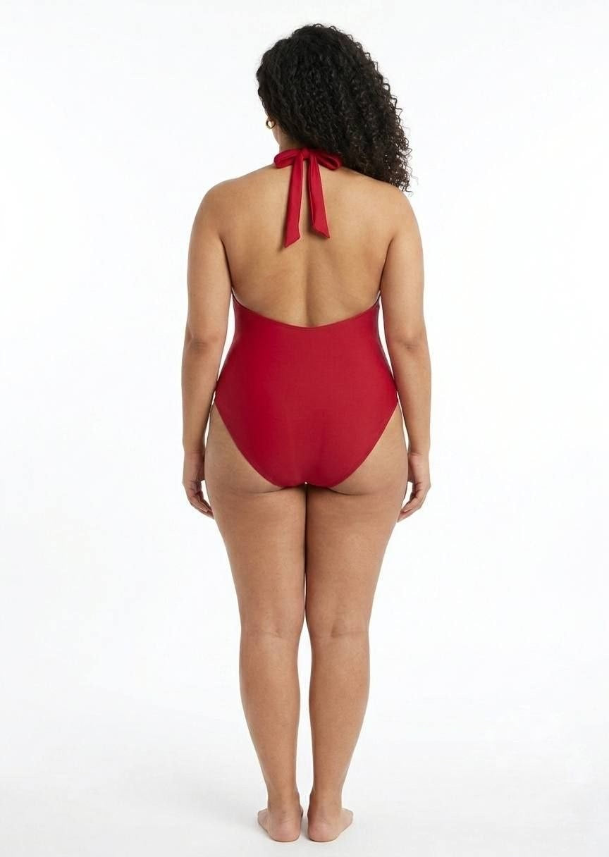 SHEIN Classic Red Halter Neck One-Piece Swimsuit - Elegant Beachwear