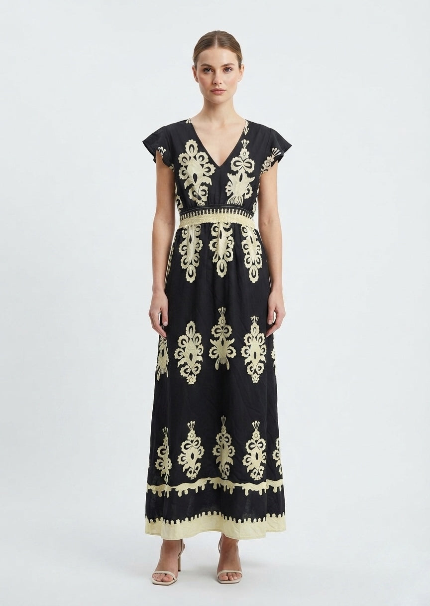 SHEIN Women's Embroidered V-Neck Maxi Dress - Black & Beige