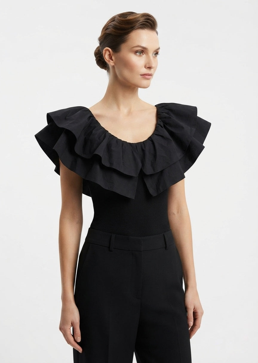 ZARA Women's Black Ruffled Layered Bodysuit - Chic Statement Collar Top