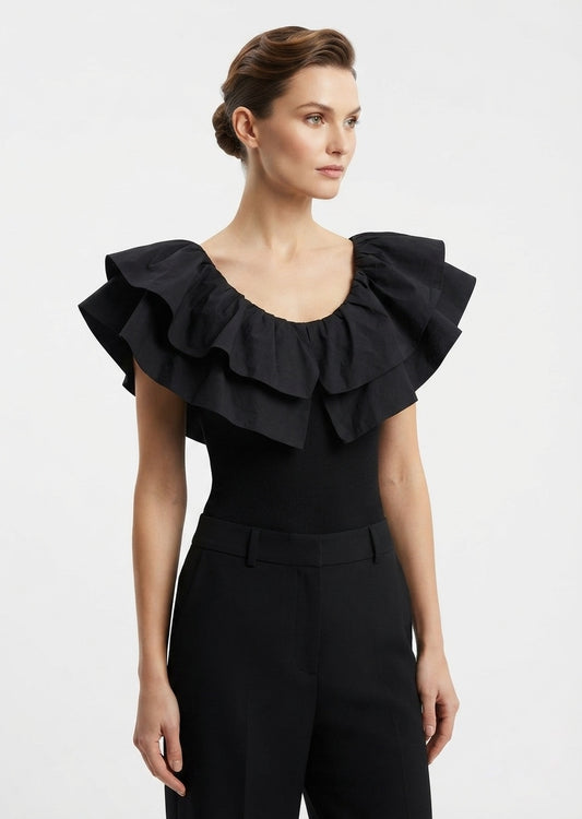 ZARA Women's Black Ruffled Layered Bodysuit - Chic Statement Collar Top