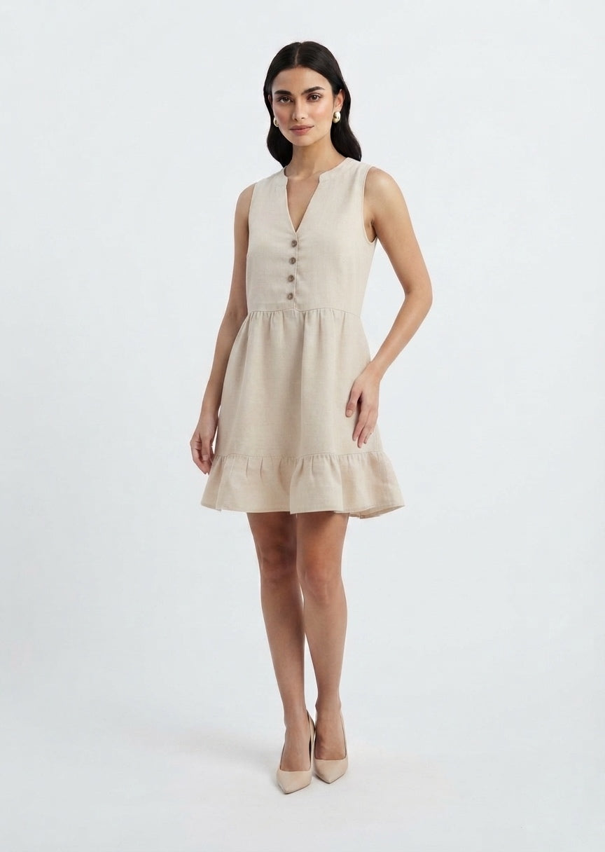 SHEIN Women's Button-Front Ruffle Hem Linen Mini Dress - Beige