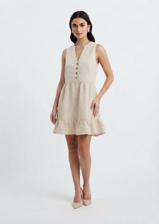 SHEIN Women's Button-Front Ruffle Hem Linen Mini Dress - Beige