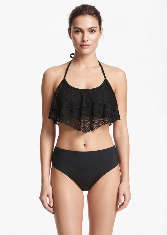 Black Lace Ruffle High-Waist Bikini Set