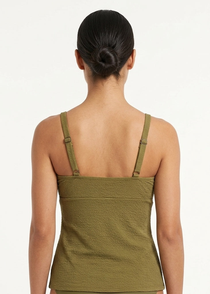 Olive Green Textured Tankini Top with Center Cutout