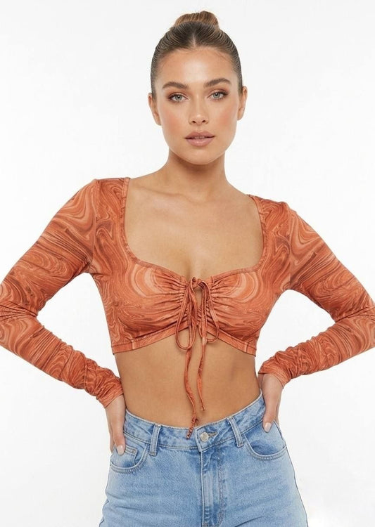 SHEIN Women’s Long Sleeve Swirl Print Ruched Crop Top