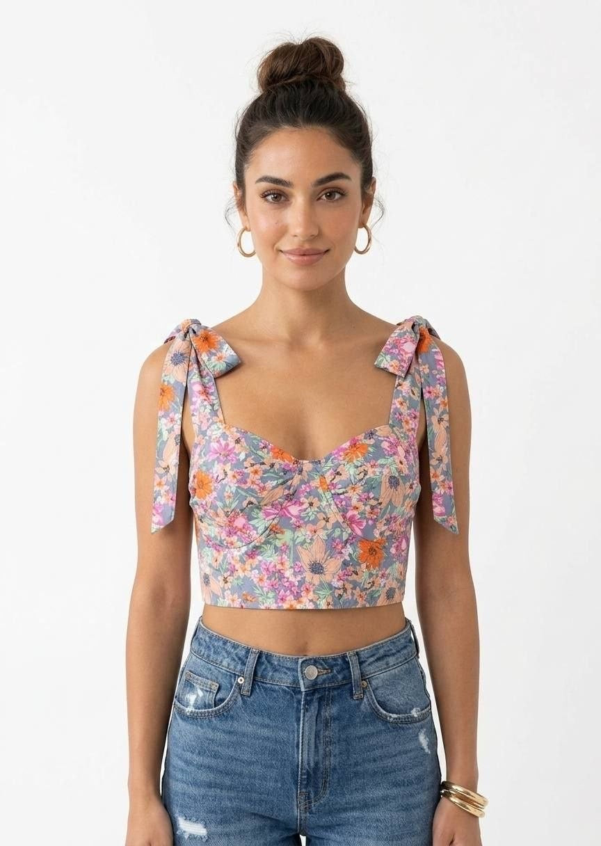Shein Women’s Floral Print Tie-Strap Smocked Crop Top