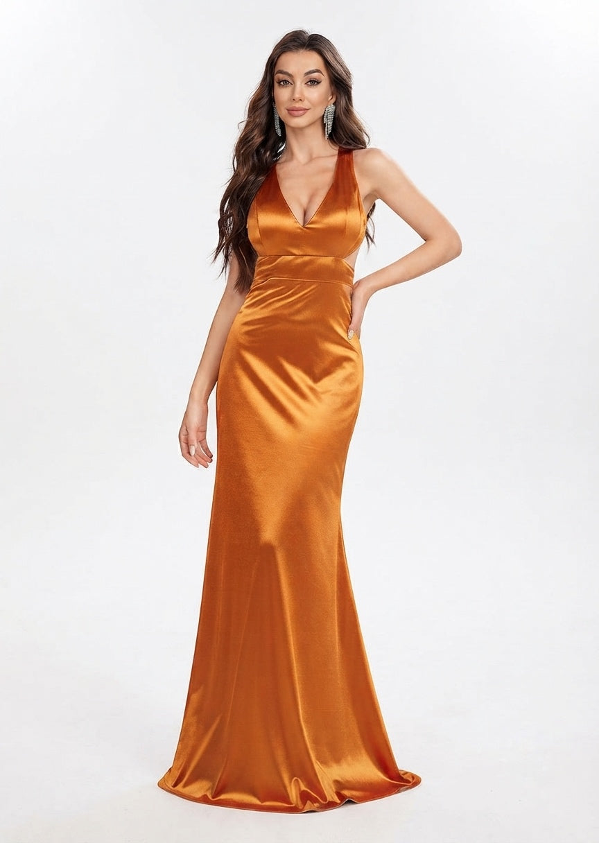 SHEIN Women's Rust Satin Formal Maxi Dress - V-Neck Cutout Back Long Gown