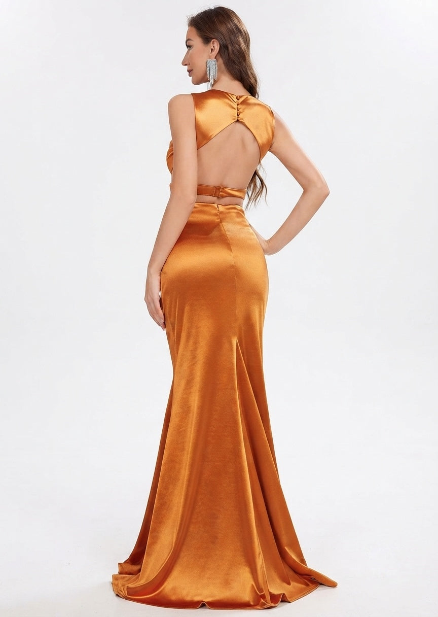 SHEIN Women's Rust Satin Formal Maxi Dress - V-Neck Cutout Back Long Gown