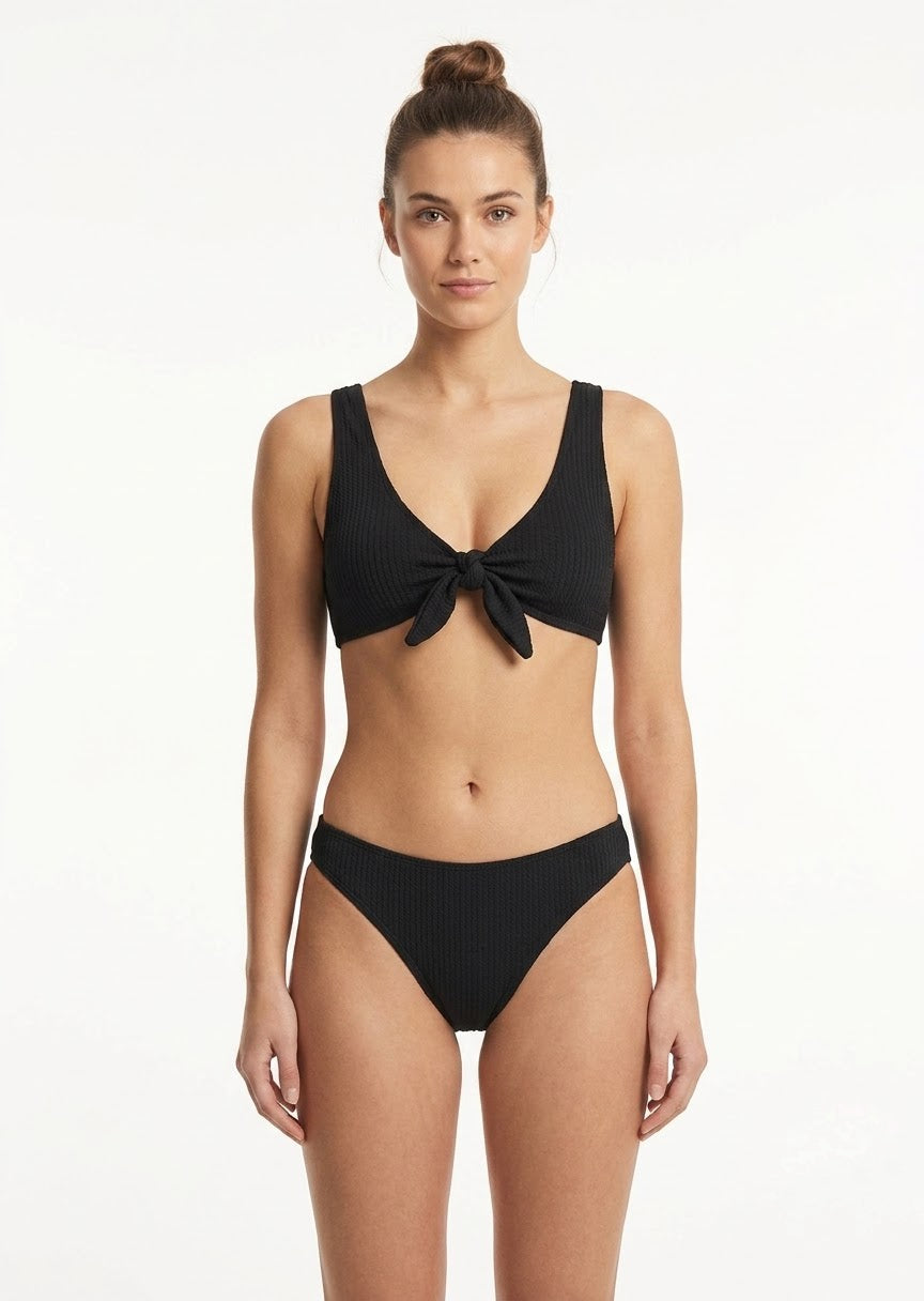 SHEIN Black Textured Tie-Front Bikini Set