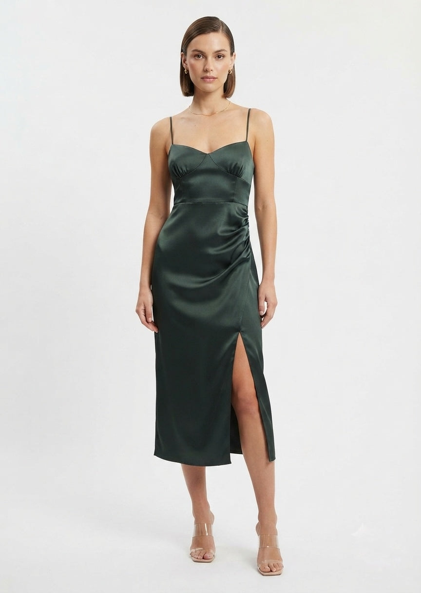 ZARA Women's Dark Green Satin Midi Dress - Cowl Neck Cami Dress with Slit