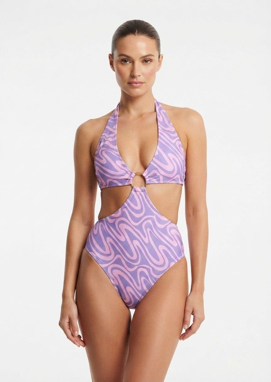 SHEIN Purple Abstract Print Cutout Halter One-Piece Swimsuit