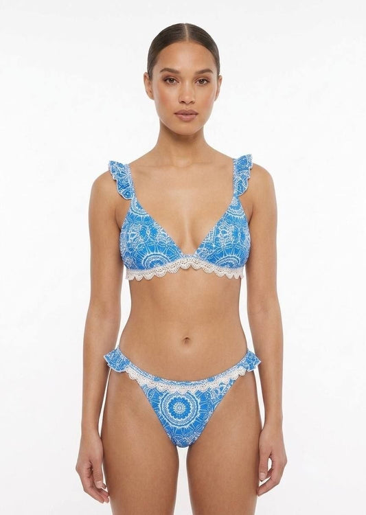 Shein Blue Lace-Trimmed Print Ruffle Bikini Set