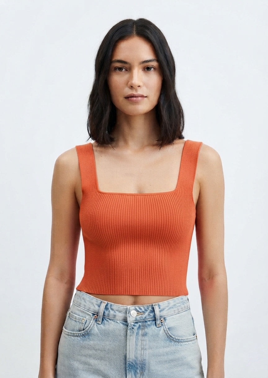 SHEIN Women's Ribbed Knit Square Neck Crop Top - Rust Orange