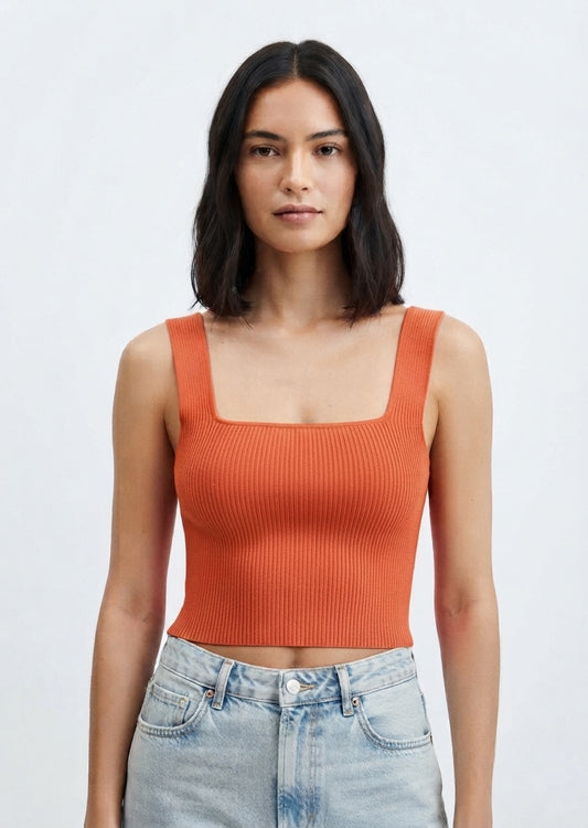 SHEIN Women's Ribbed Knit Square Neck Crop Top - Rust Orange