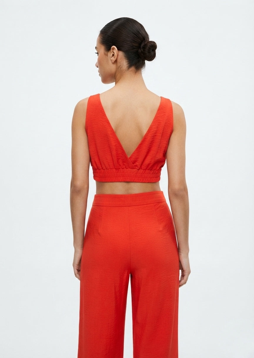 SHEIN Women's Two-Piece Crop Top and High-Waisted Wide-Leg Pants Set - Red