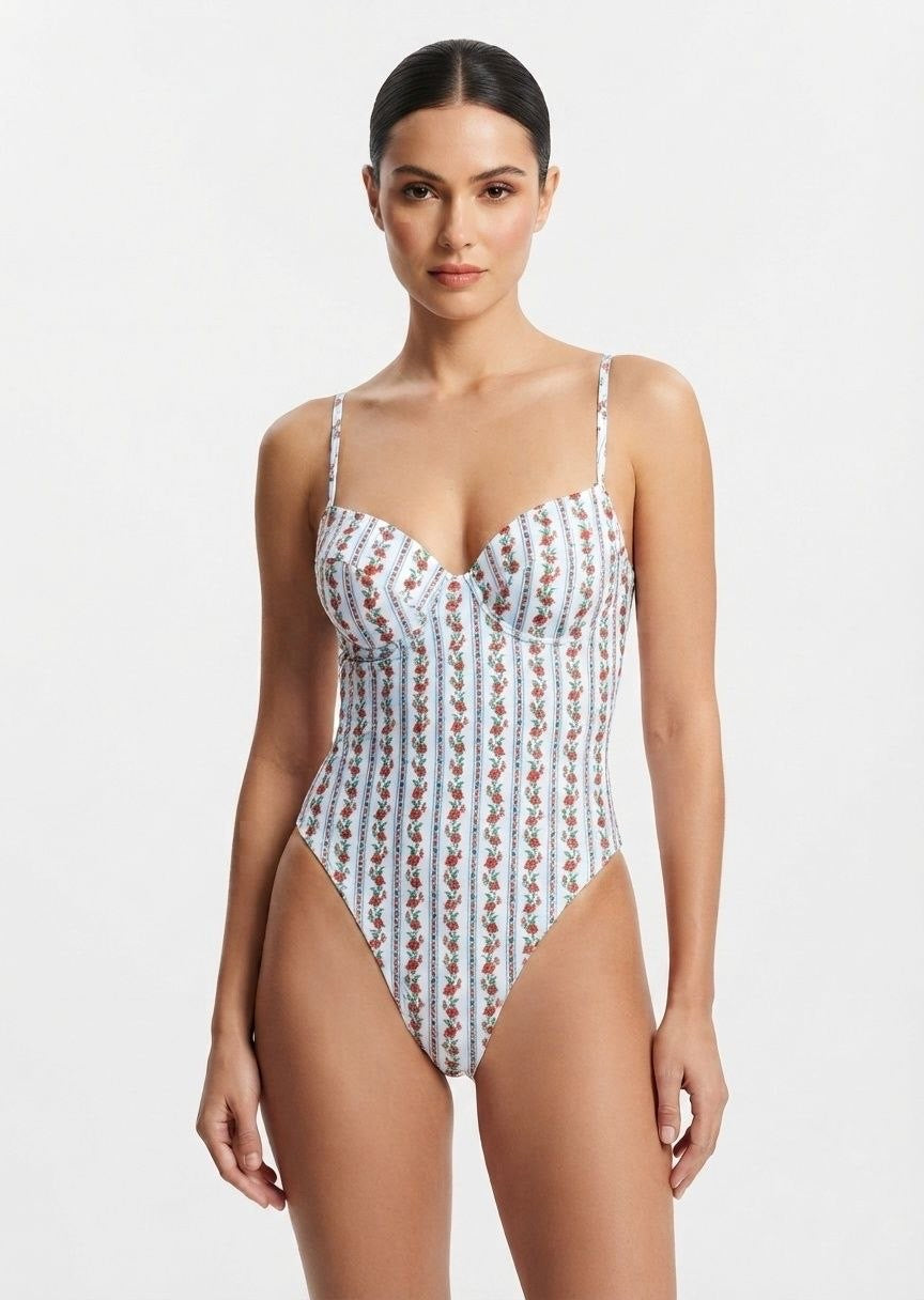SHEIN Floral Striped Underwire One-Piece Swimsuit