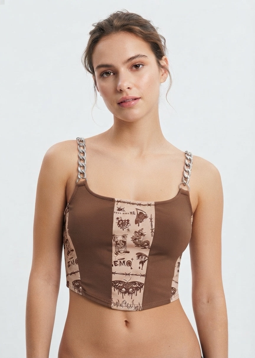 Graphic Print Bikini Top with Chain Straps