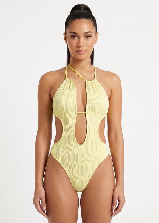 SHEIN Women’s Textured Asymmetric One-Piece Swimsuit – Pale Yellow