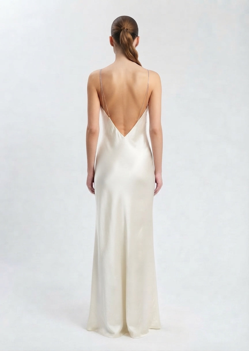 ZARA Champagne Satin Backless Maxi Dress with Rhinestone Straps
