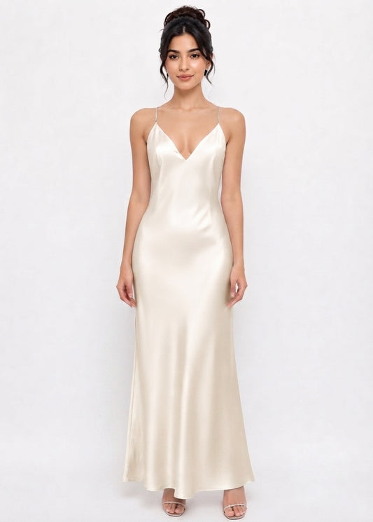 ZARA Champagne Satin Backless Maxi Dress with Rhinestone Straps