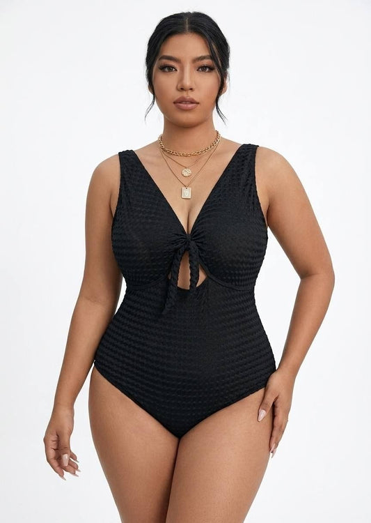 SHEINTextured Tie-Front One-Piece Swimsuit - Elegant Beachwear